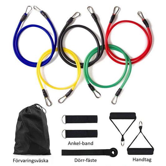 Träningsband startpaket med olika motstånd, handtag och instruktioner